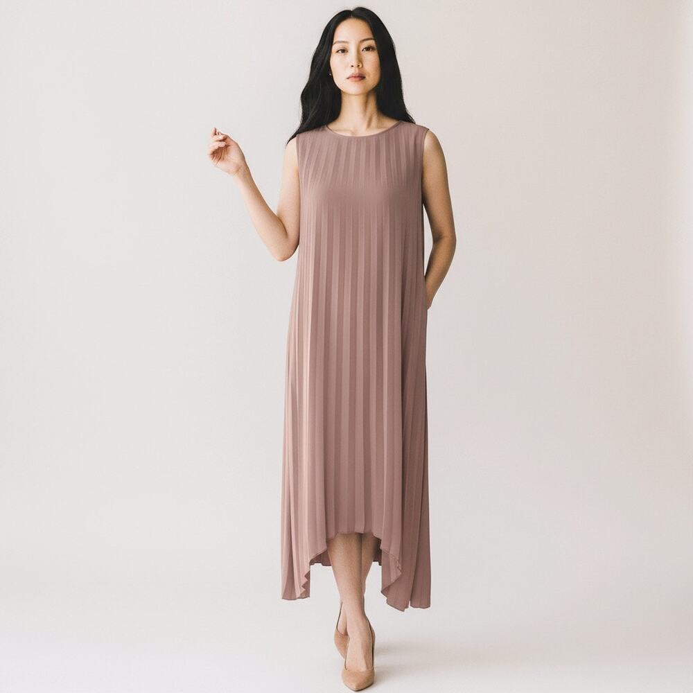 ELLIE MAKIR MIDI PLEATED DRESS MODEST HIGH-LOW HEM WOMEN SIZE LARGE - Picture 15 of 15
